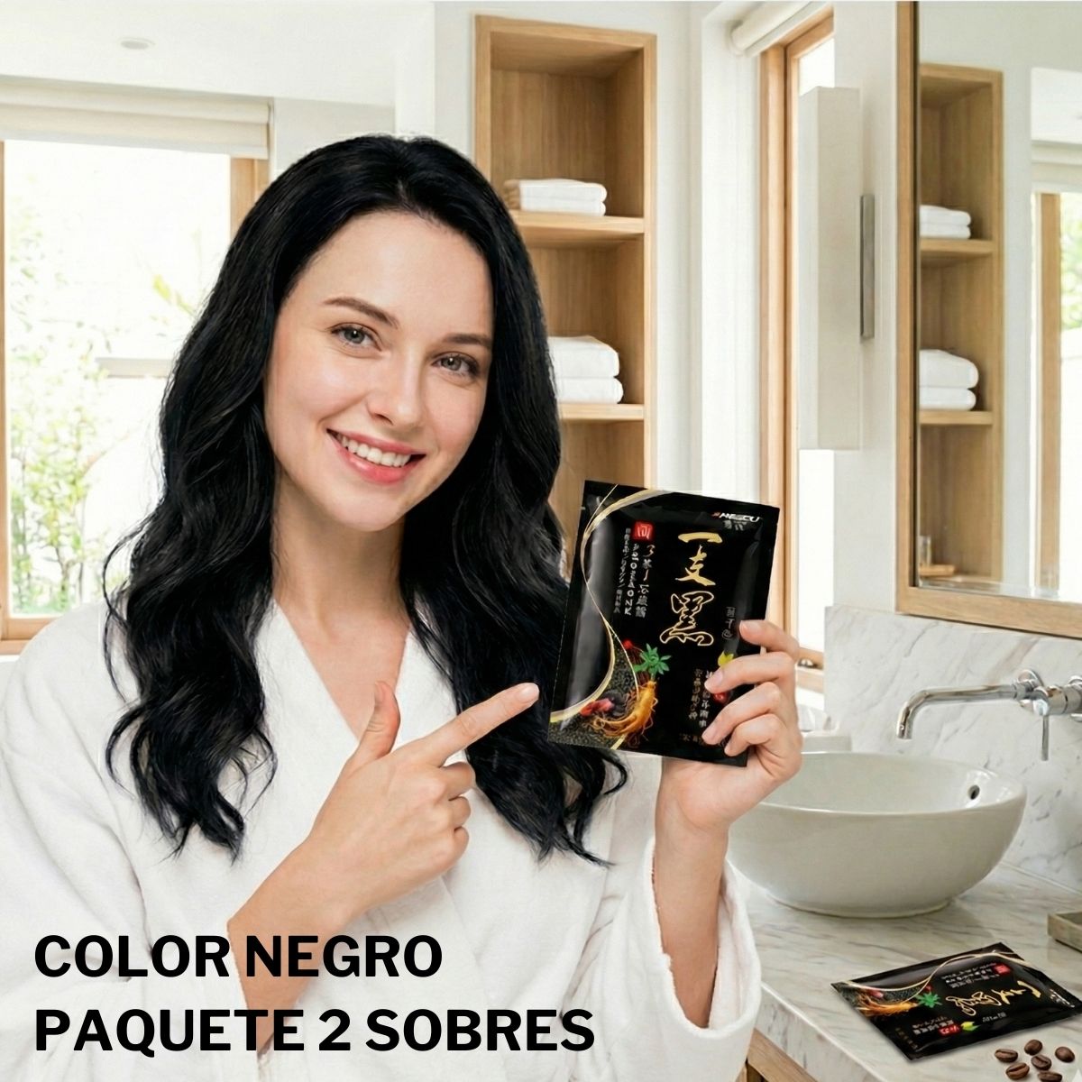 PAQUETE DE 2 SOBRES DE CHAMPÚ CON TINTE NEGRO INSTANTÁNEO, N/A